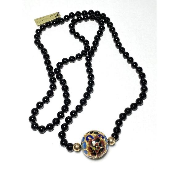 Alyce Firell New York City Vintage Necklace Knotted Black Onyx Cloisonné 35”